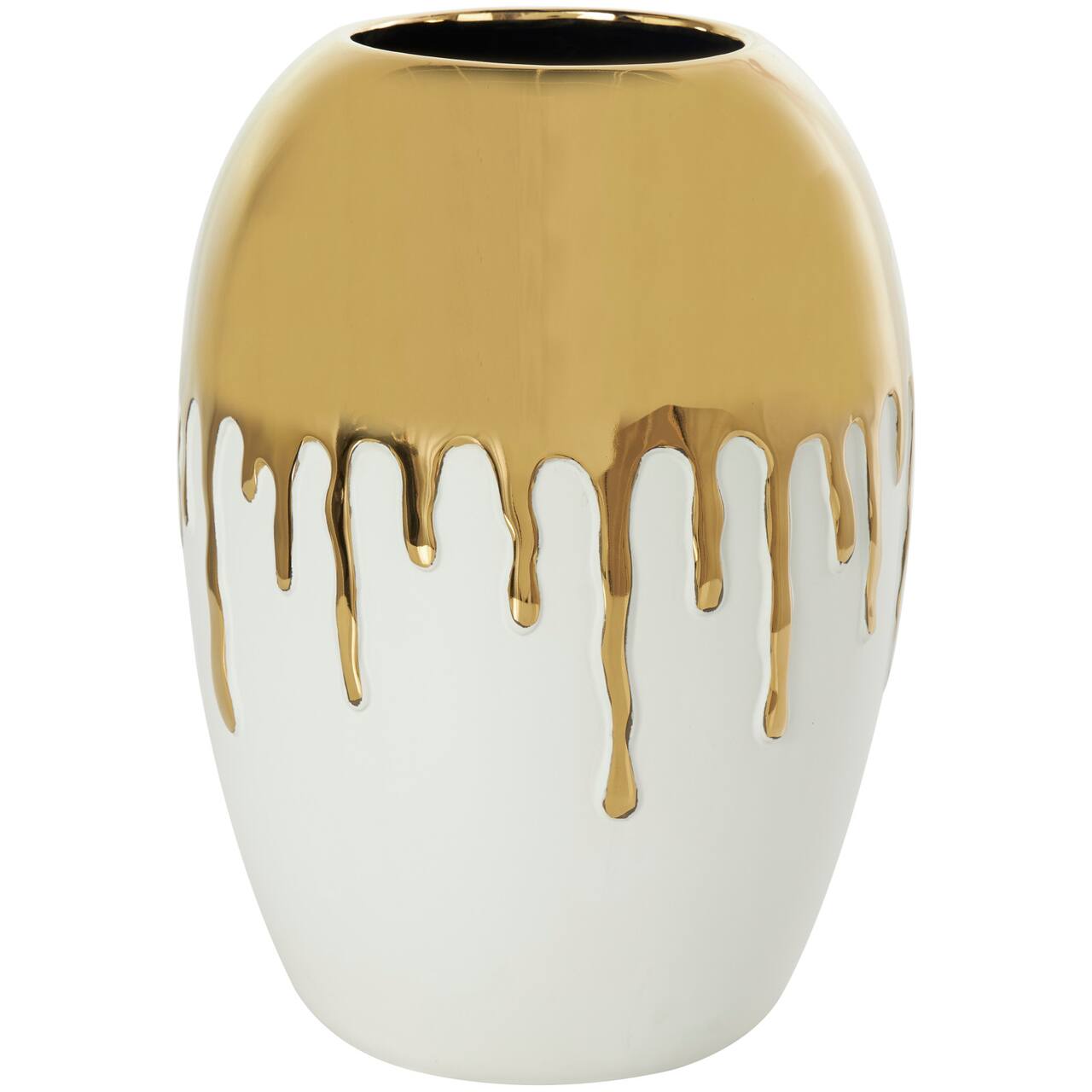 CosmoLiving by Cosmopolitan 13" White Ceramic Vase with Abstract Gold Melting Drips